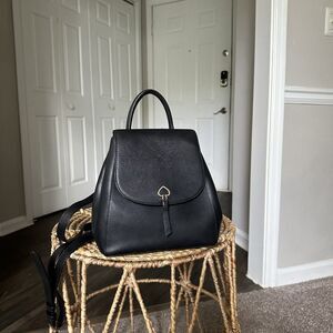 Kate Spade New York Black Leather Pushlock Flap Top Handle Backpack